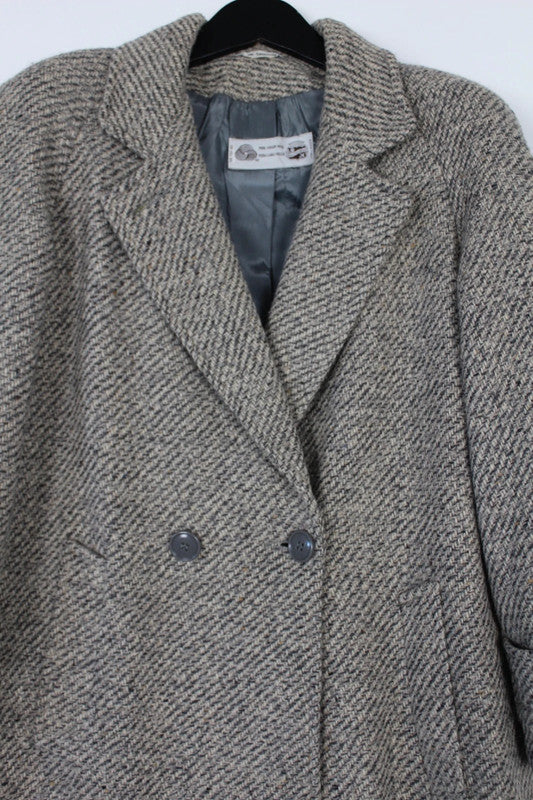 Vintage 80s 90s Saxton Hall Grey Wool Tweed Double Breasted Coat Small