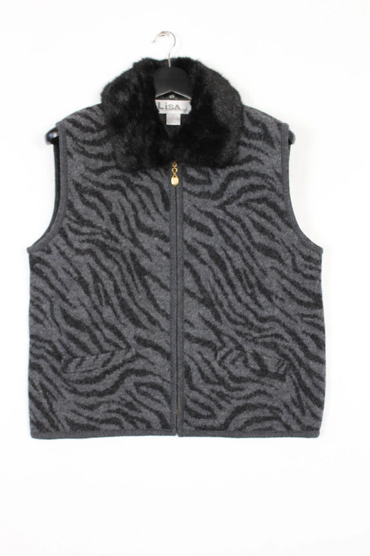 Lisa International Zebra Animal Print Vest 100% Wool Grey Black Women's Large