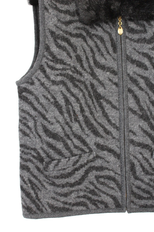 Lisa International Zebra Animal Print Vest 100% Wool Grey Black Women's Large