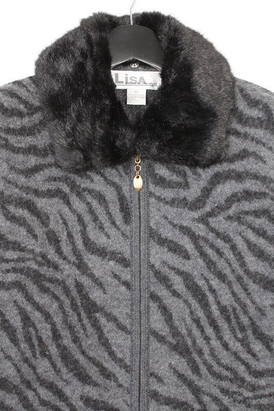 Lisa International Zebra Animal Print Vest 100% Wool Grey Black Women's Large