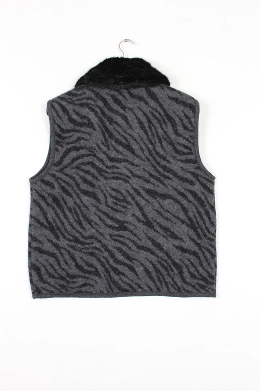 Lisa International Zebra Animal Print Vest 100% Wool Grey Black Women's Large