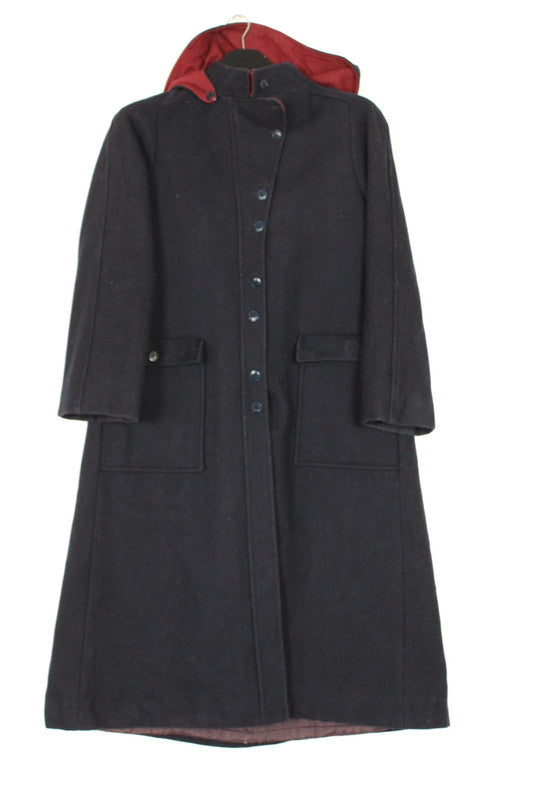 Vintage 70s 80s André Bercher Navy Wool Hooded A-Line Coat Red Lining XS