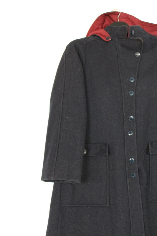 Vintage 70s 80s André Bercher Navy Wool Hooded A-Line Coat Red Lining XS