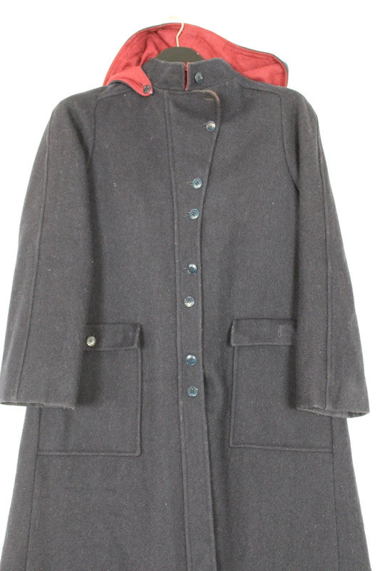 Vintage 70s 80s André Bercher Navy Wool Hooded A-Line Coat Red Lining XS