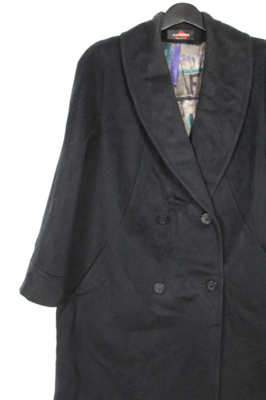Vintage 80s 90s USA Alorna Black Wool Double Breasted Coat Funky Lining XL