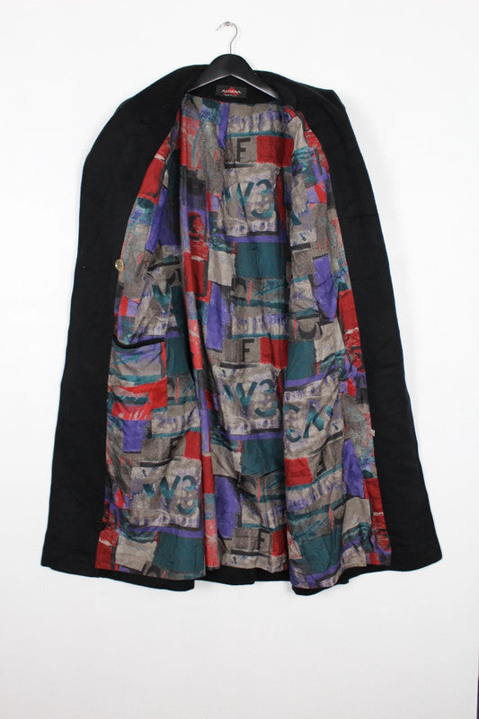 Vintage 80s 90s USA Alorna Black Wool Double Breasted Coat Funky Lining XL