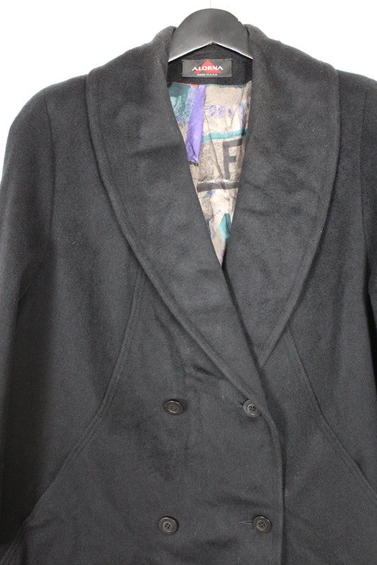 Vintage 80s 90s USA Alorna Black Wool Double Breasted Coat Funky Lining XL