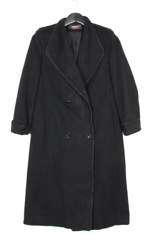 Vintage 80s 90s Alorna Black Wool Overcoat White Contrast Stitching Double Breasted