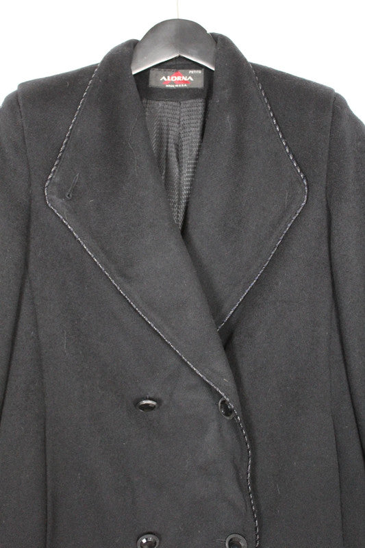 Vintage 80s 90s Alorna Black Wool Overcoat White Contrast Stitching Double Breasted
