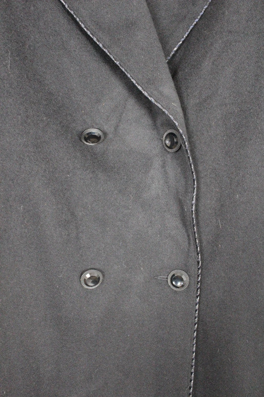 Vintage 80s 90s Alorna Black Wool Overcoat White Contrast Stitching Double Breasted