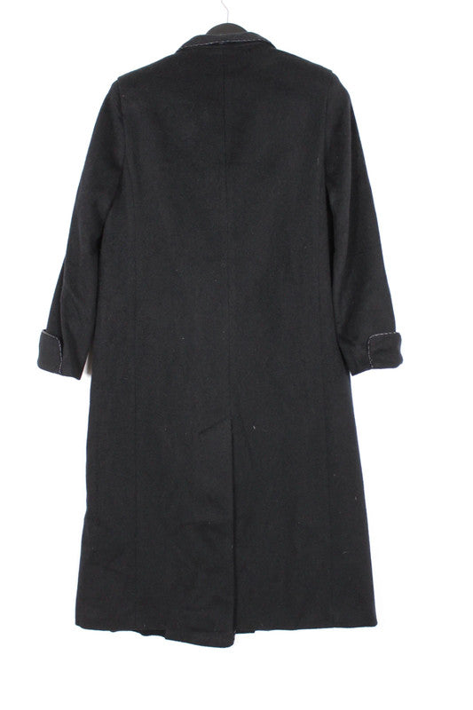 Vintage 80s 90s Alorna Black Wool Overcoat White Contrast Stitching Double Breasted
