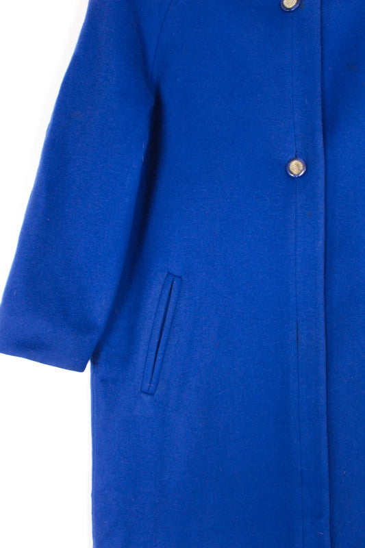 Vintage 80s 90s London Fog Royal Blue Wool Coat Gold Buttons Stand Collar Medium