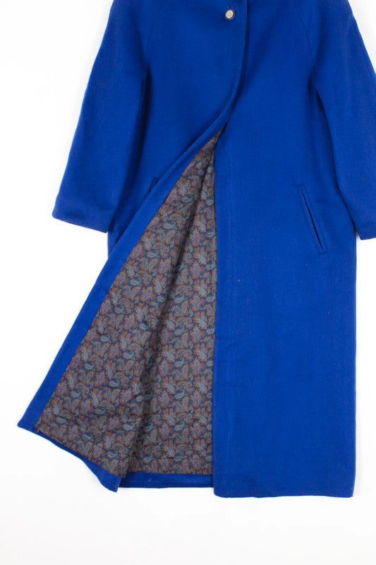 Vintage 80s 90s London Fog Royal Blue Wool Coat Gold Buttons Stand Collar Medium