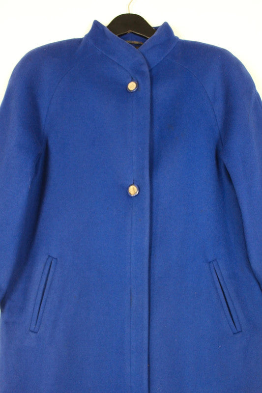 Vintage 80s 90s London Fog Royal Blue Wool Coat Gold Buttons Stand Collar Medium