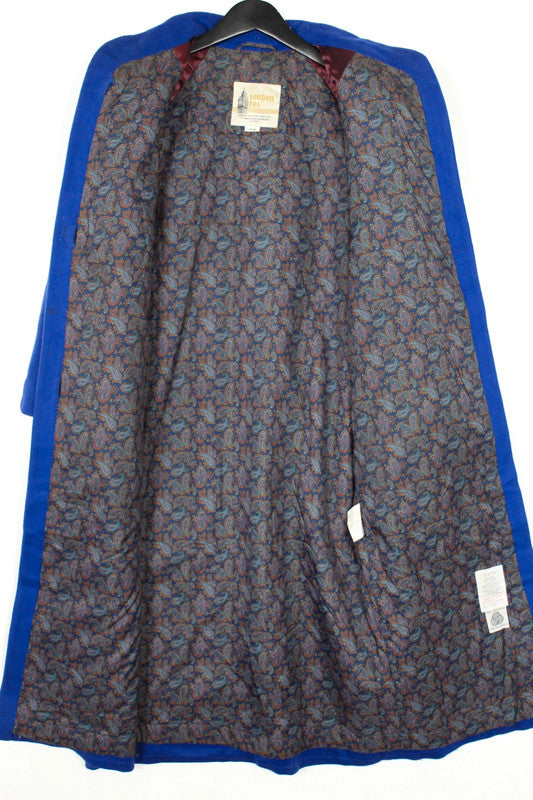 Vintage 80s 90s London Fog Royal Blue Wool Coat Gold Buttons Stand Collar Medium