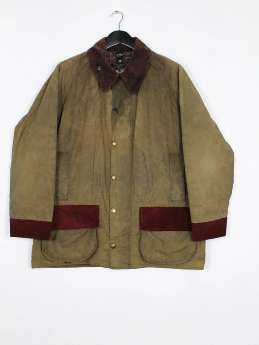 Vintage Barbour Re-Loved Green Wax Jacket Suede Patches Beaufort Style XL