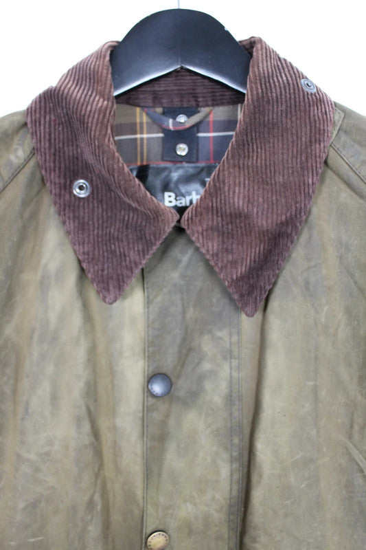 Vintage Barbour Re-Loved Green Wax Jacket Suede Patches Beaufort Style XL