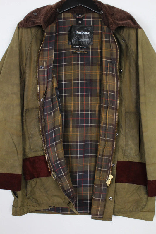 Vintage Barbour Re-Loved Green Wax Jacket Suede Patches Beaufort Style XL