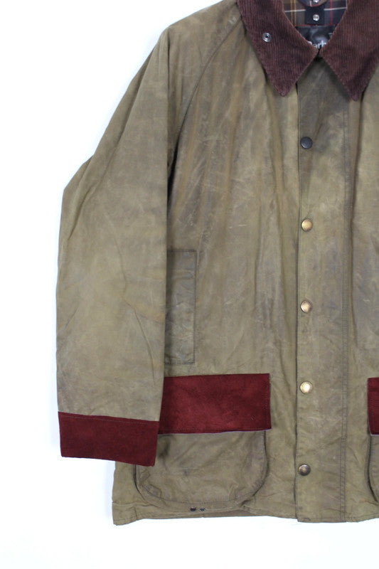 Vintage Barbour Re-Loved Green Wax Jacket Suede Patches Beaufort Style XL