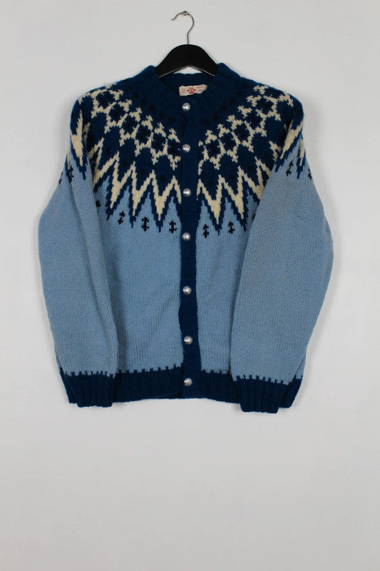 Vintage 70s 80s Lulle Otterstad Blue Cream Fair Isle Wool Cardigan Handmade in Denmark