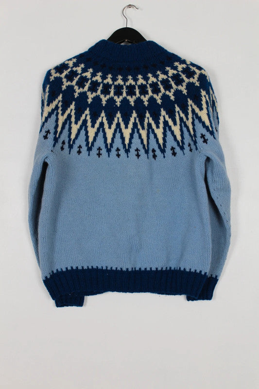 Vintage 70s 80s Lulle Otterstad Blue Cream Fair Isle Wool Cardigan Handmade in Denmark