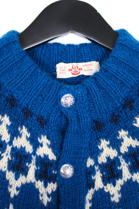 Vintage 70s 80s Lulle Otterstad Blue Cream Fair Isle Wool Cardigan Handmade in Denmark