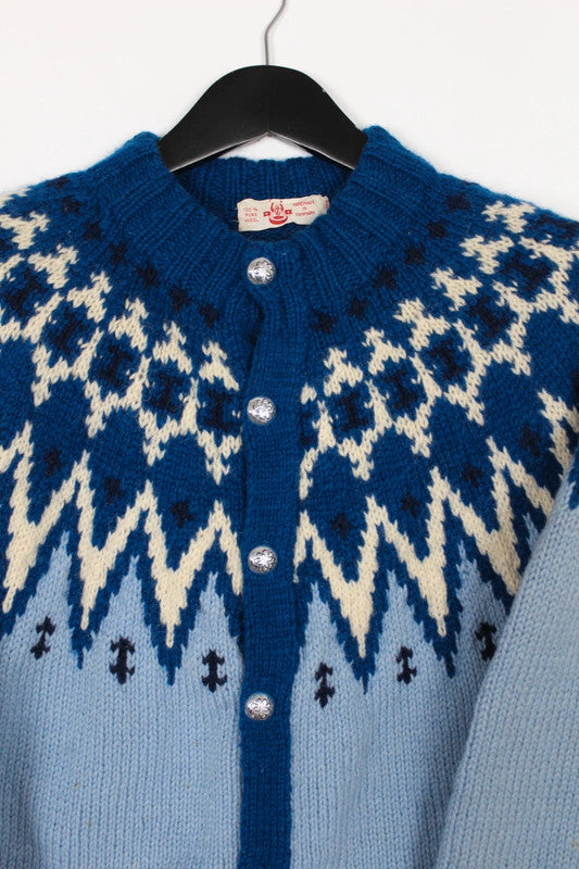 Vintage 70s 80s Lulle Otterstad Blue Cream Fair Isle Wool Cardigan Handmade in Denmark
