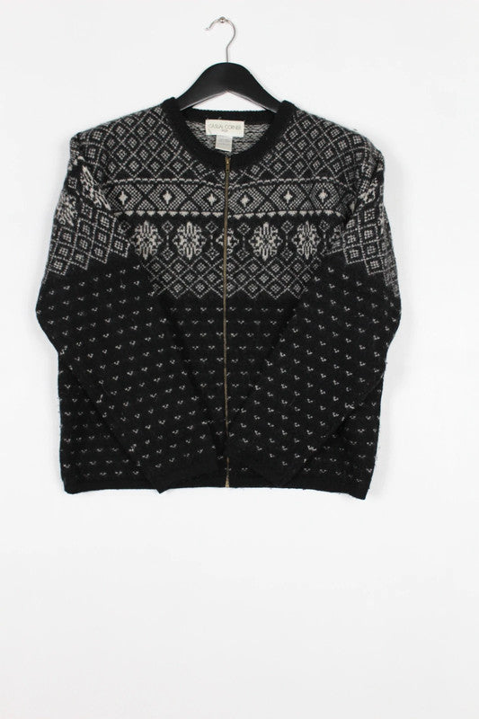 Vintage 80s 90s Casual Corner &amp; Co Black Grey Fair Isle Wool Cardigan Full Zip