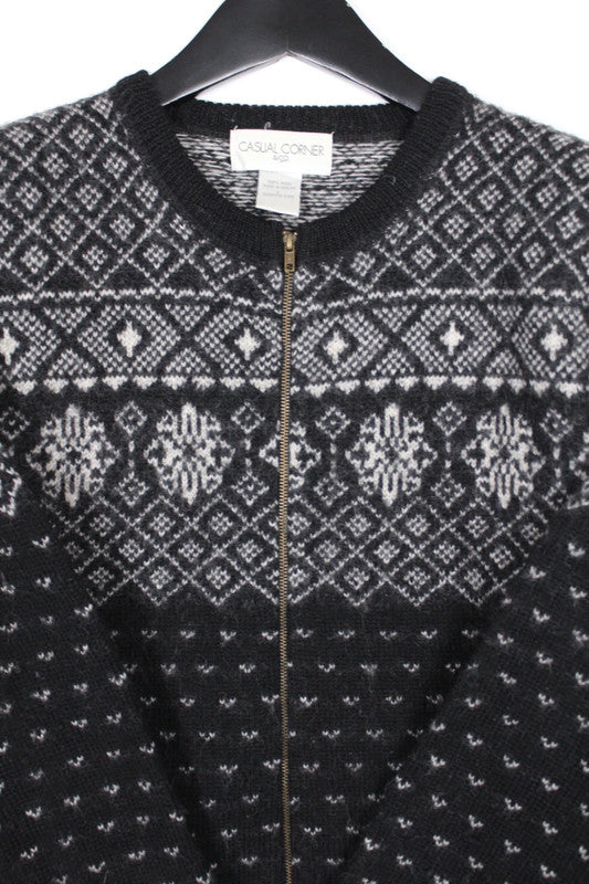 Vintage 80s 90s Casual Corner &amp; Co Black Grey Fair Isle Wool Cardigan Full Zip
