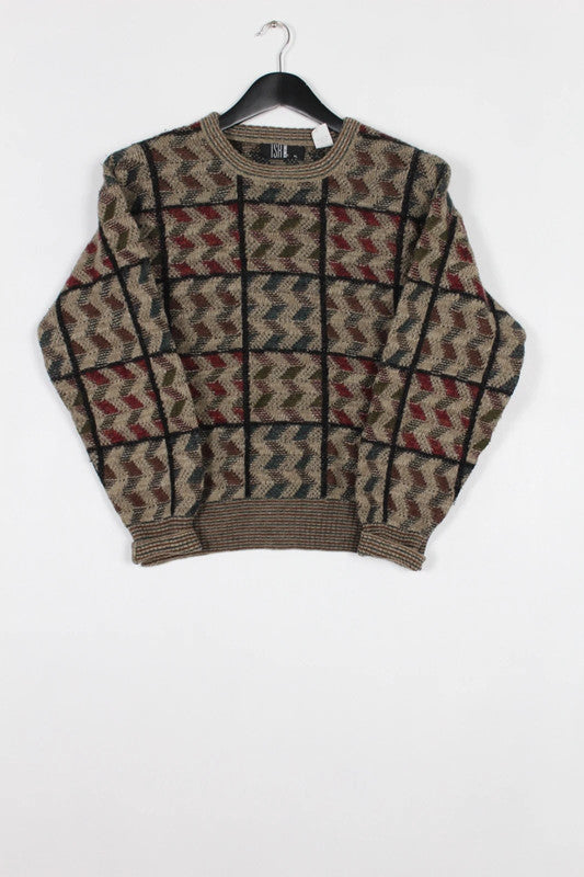 Vintage 80s 90s USA Multi Color Checkered Wool Sweater Geometric Knit Medium