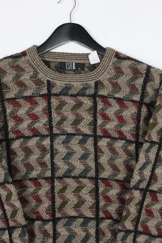 Vintage 80s 90s USA Multi Color Checkered Wool Sweater Geometric Knit Medium