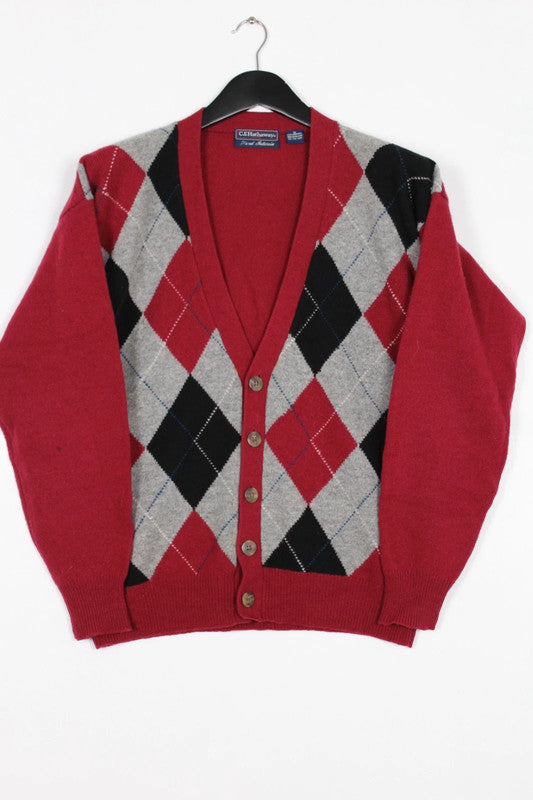 Vintage C.F. Hathaway Red Black Grey Argyle Wool Blend Cardigan Large