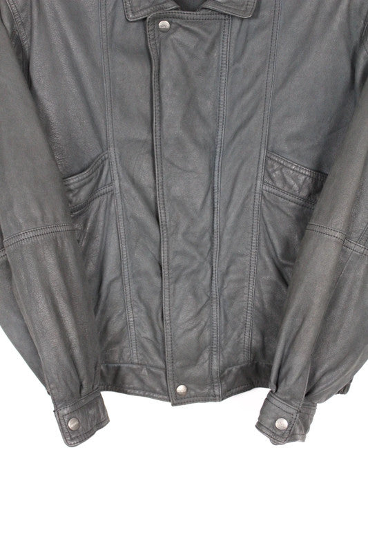 Vintage 80s 90s Deep Navy Leather Bomber Blouson Jacket UK8