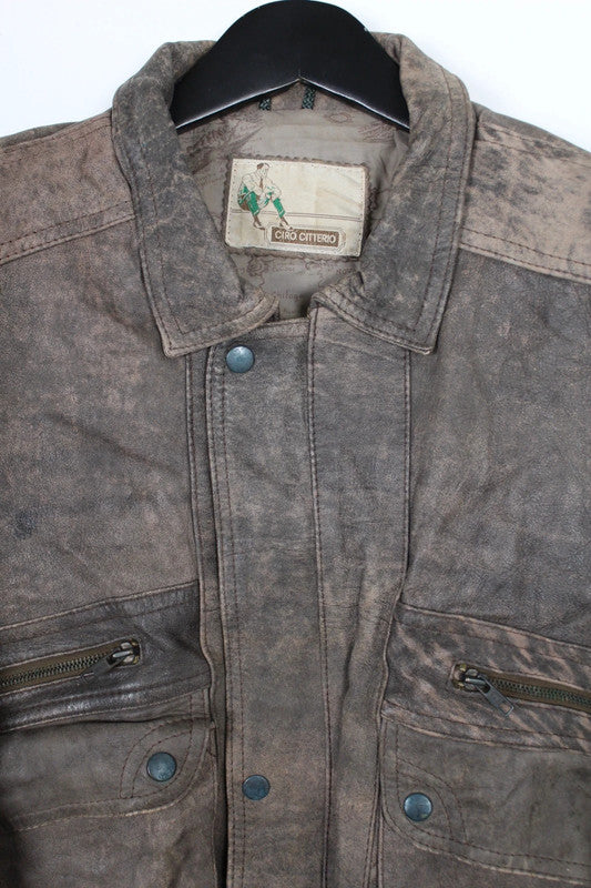 Vintage Ciro Citterio Brown Distressed Leather Bomber Jacket Large 90s Y2K Retro