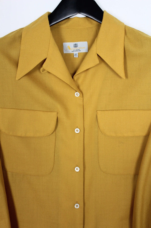 Vintage Aquascutum Mustard Yellow Rayon Gabardine Shirt Dagger Collar 70s 80s