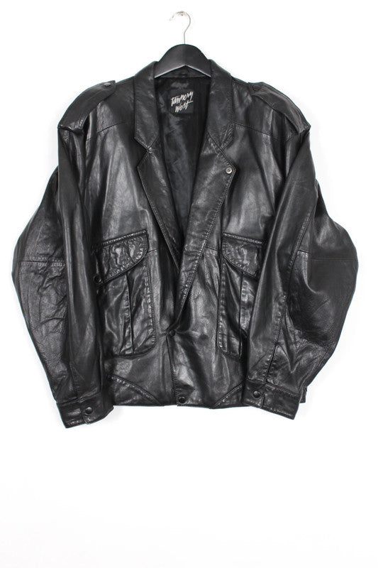 Vintage Tannery West Black Leather Jacket Bomber Wide Collar