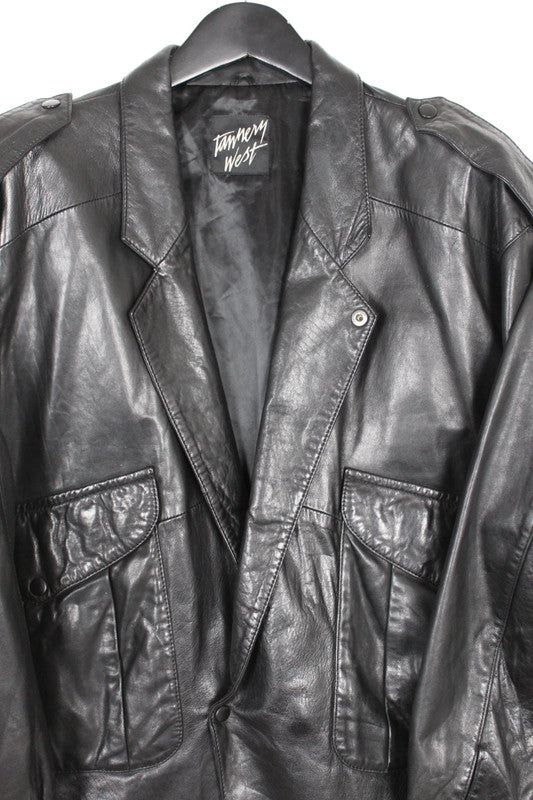 Vintage Tannery West Black Leather Jacket Bomber Wide Collar Epaulettes 80s 90s