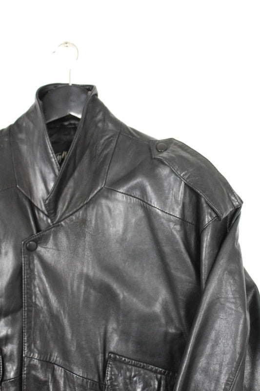 Vintage Tannery West Black Leather Jacket Bomber Wide Collar Epaulettes 80s 90s