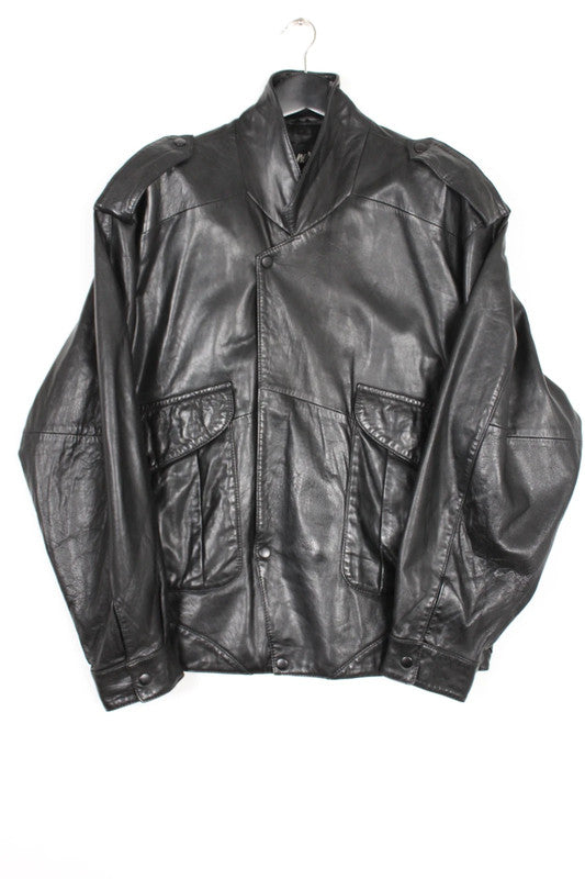 Vintage Tannery West Black Leather Jacket Bomber Wide Collar Epaulettes 80s 90s