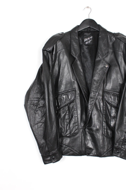 Vintage Tannery West Black Leather Jacket Bomber Wide Collar