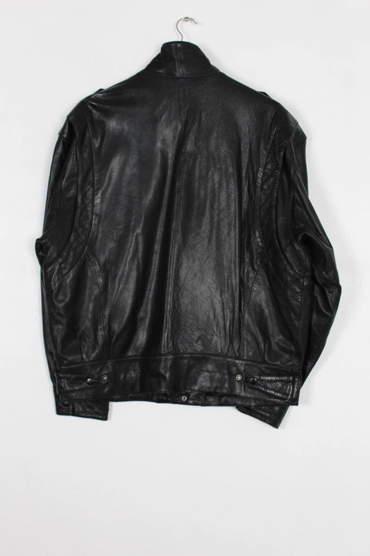 Vintage Tannery West Black Leather Jacket Bomber Wide Collar