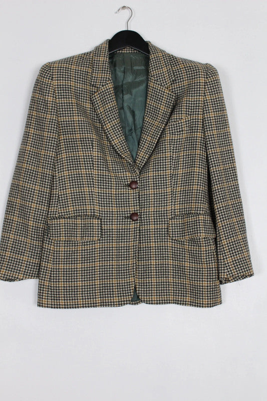 Vintage Italian Brown Tan Houndstooth Check Wool Tweed Blazer Jacket IT46