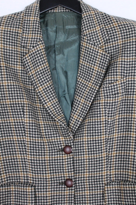 Vintage Italian Brown Tan Houndstooth Check Wool Tweed Blazer Jacket IT46