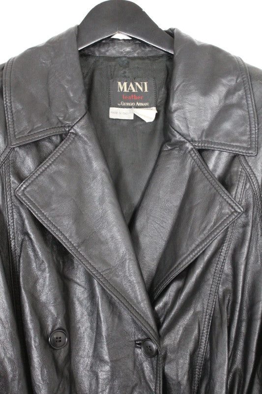 Vintage Mani by Giorgio Armani Black Leather Double-Breasted Trench Coat