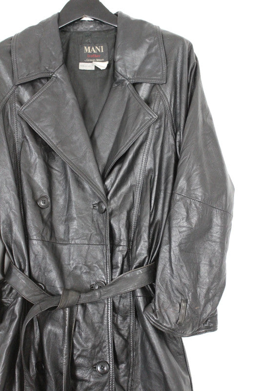 Vintage Mani by Giorgio Armani Black Leather Double-Breasted Trench Coat