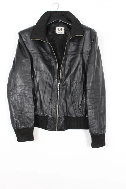 Vintage b4 Leather Black Zip-Up Knit Collar Bomber Jacket Large
