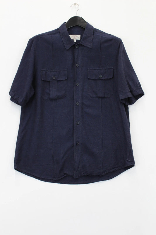 intage Armani Jeans Navy Blue 100% Linen Short Sleeve Utility Shirt Large
