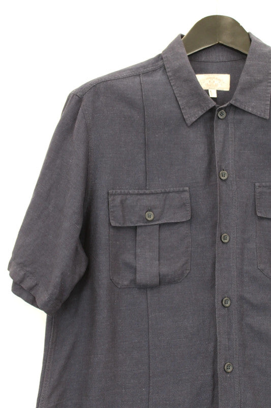 intage Armani Jeans Navy Blue 100% Linen Short Sleeve Utility Shirt Large