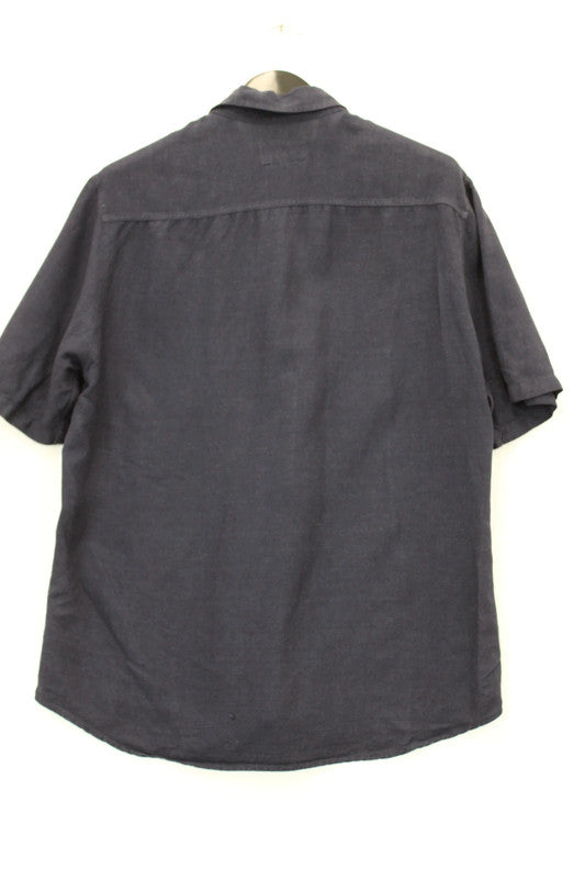 intage Armani Jeans Navy Blue 100% Linen Short Sleeve Utility Shirt Large