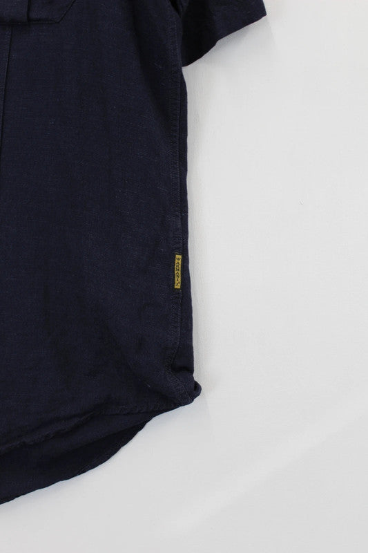 intage Armani Jeans Navy Blue 100% Linen Short Sleeve Utility Shirt Large
